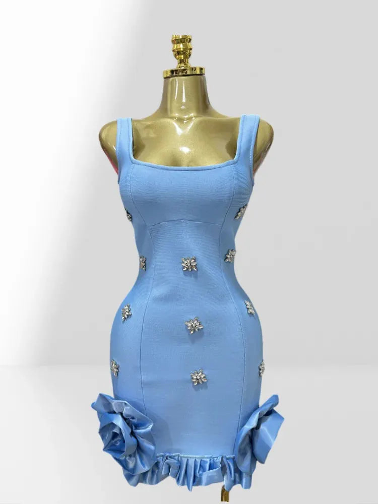Diamonds Sleeveless Ruffles Bodycon Mini Bandage Dress Flowering Girl