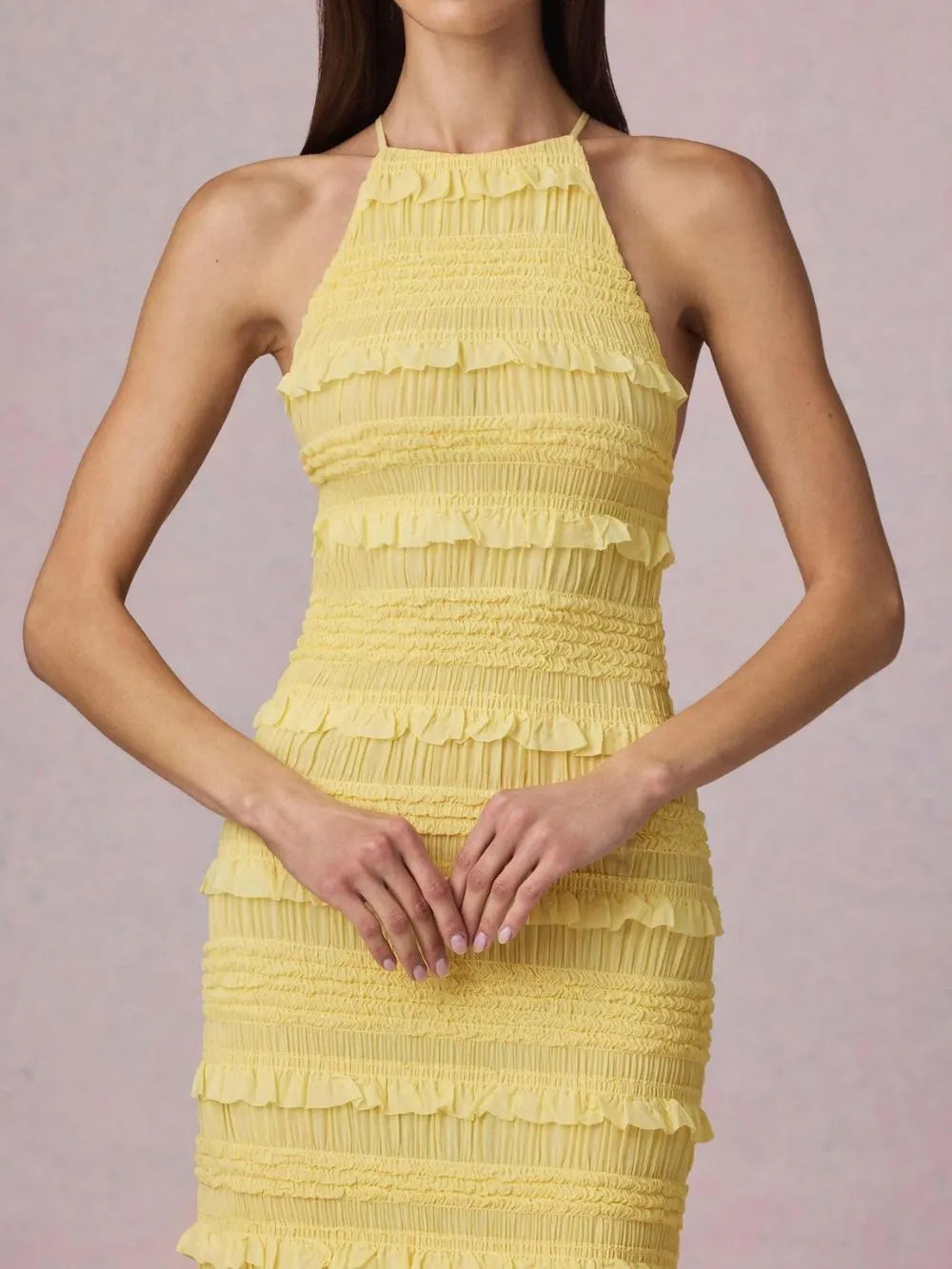 Mercedes Yellow Halter Ruffle Backless Maxi Dress Flowering Girl