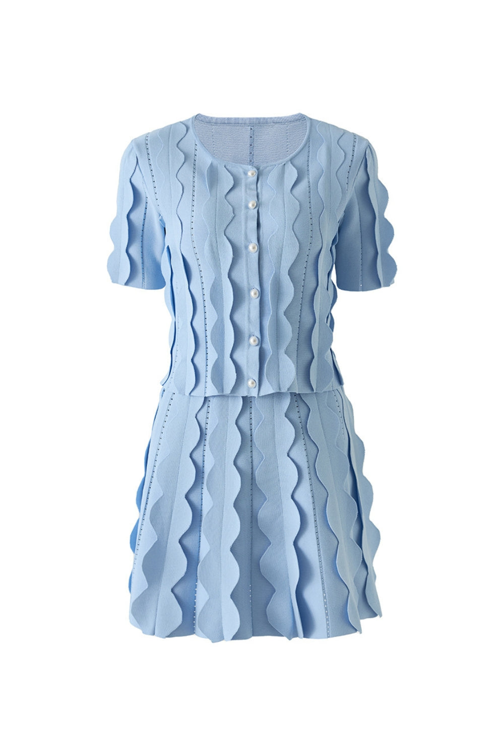 Blue Geometric Circle Pattern Cardigan Skirt Two-Piece Set Flowering Girl