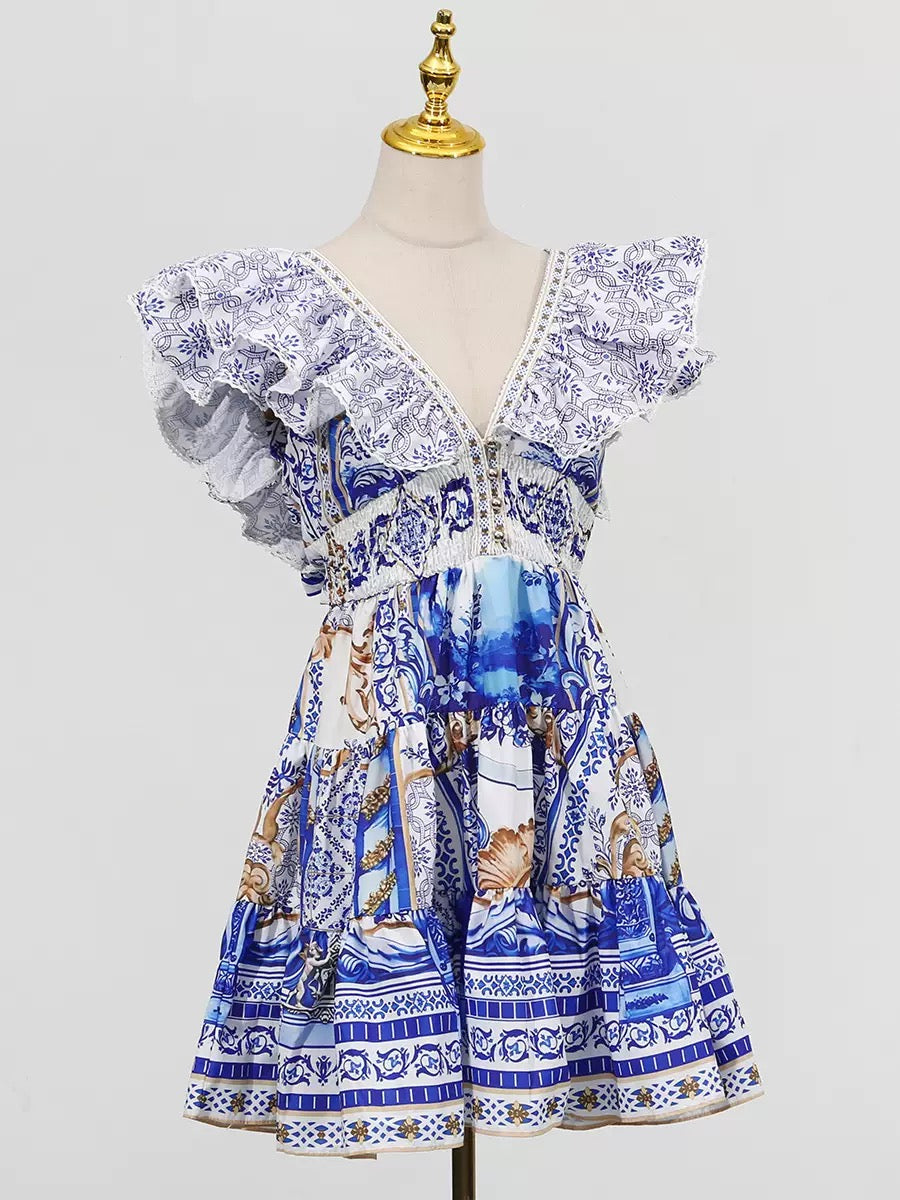 Printed Plunge Neck Mini Dress Flowering Girl