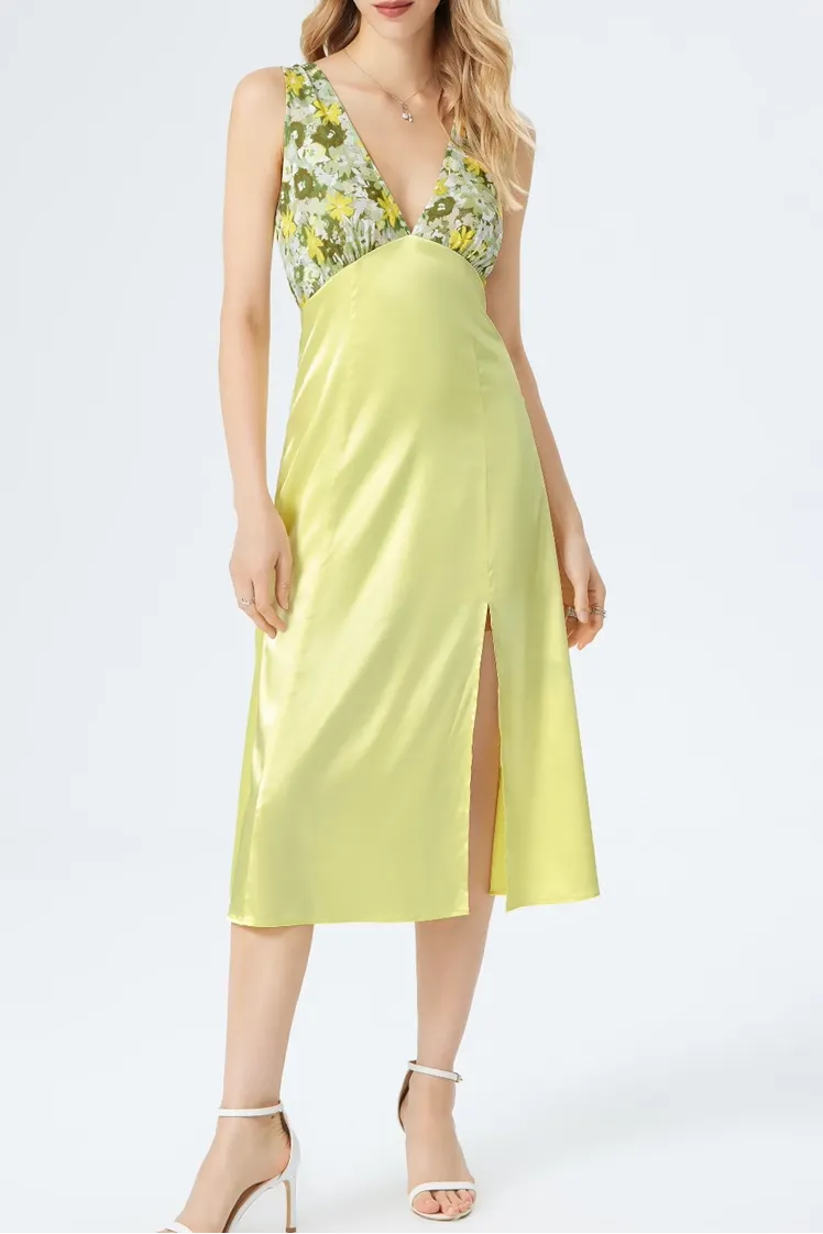 Green Floral V-Neck Lace-Up Backless Satin Panel Side Slit Dress Flowering Girl