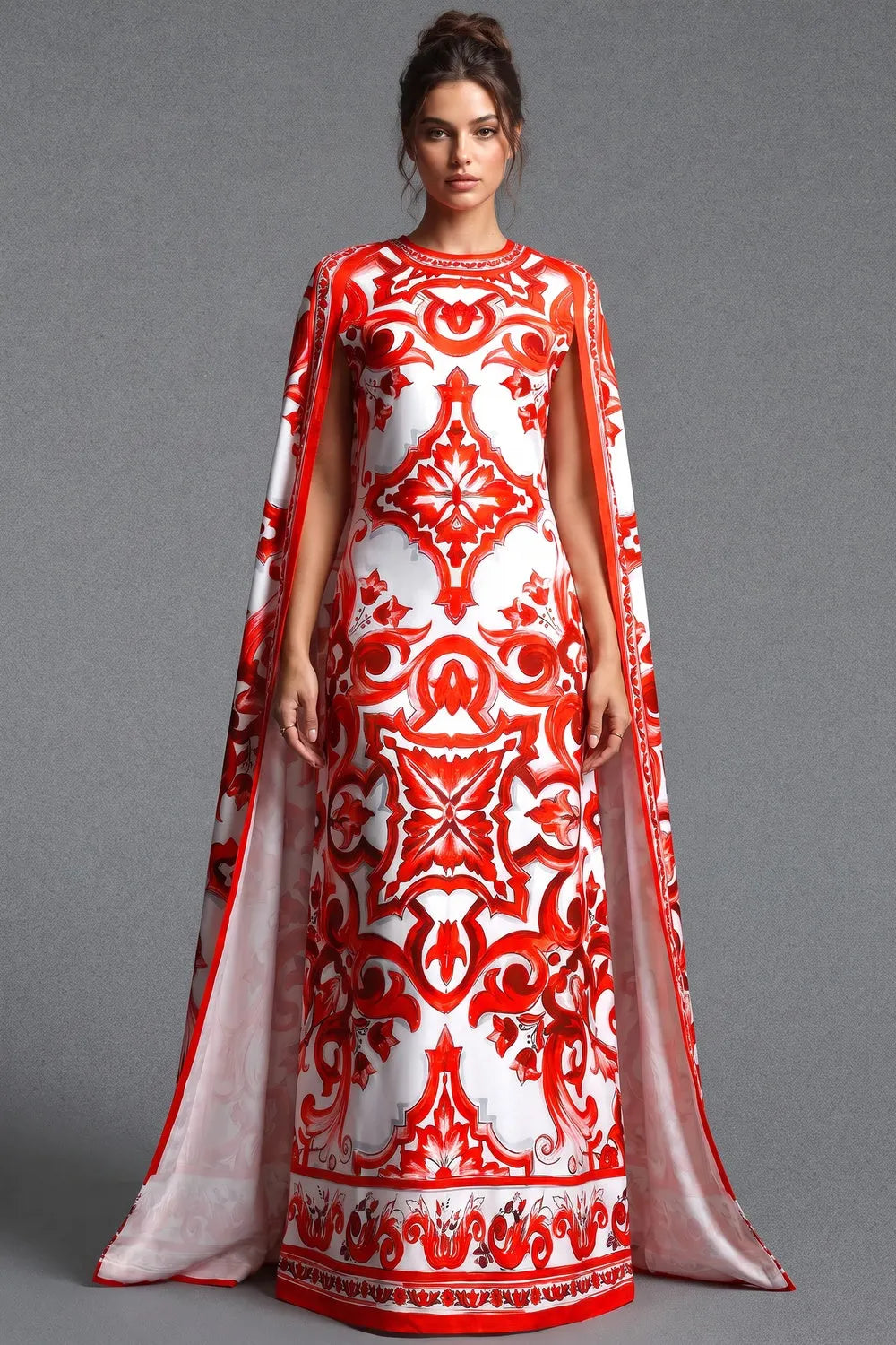 White Majolica Tile Print Cape Dress Flowering Girl
