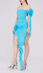 Ruffle Rosette Mesh Midi Dress In Blue Flowering Girl