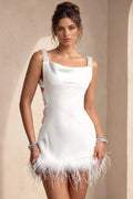 White Satin Sheath Dress with Feather Trim Flowering Girl