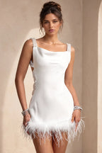 White Satin Sheath Dress with Feather Trim Flowering Girl