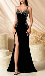 Landry Black Strappy Embellished Velvet Gown Flowering Girl