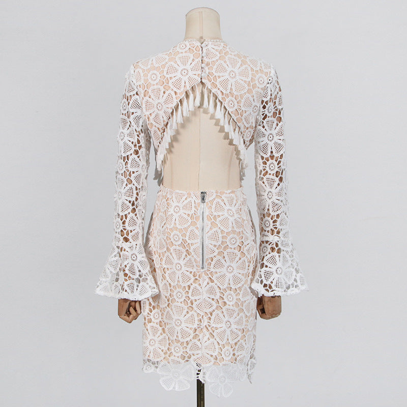 Embroidered Hollow Mini Dress In White Flowering Girl