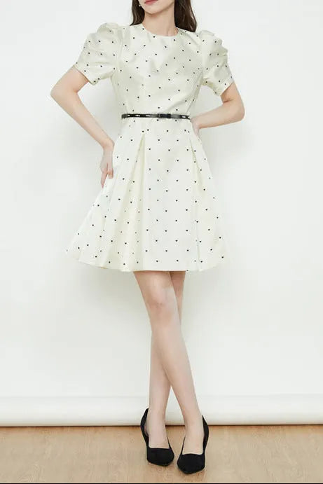 Elsie Polka Dot Puff Sleeve Mini Dress In Beige Flowering Girl