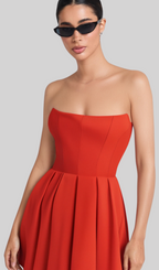 tomato red strapless pleated mini dress Flowering Girl