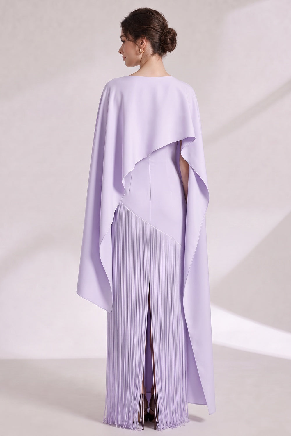 Lavender Structured Crepe Column Evening Gown with Asymmetrical Cape Overlay Flowering Girl