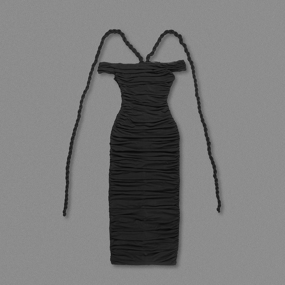 cara black off-shoulder ruched bodycon maxi dress with rope embellished Flowering Girl