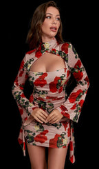 Rose Print Cut Out Draped Mini Dress Flowering Girl