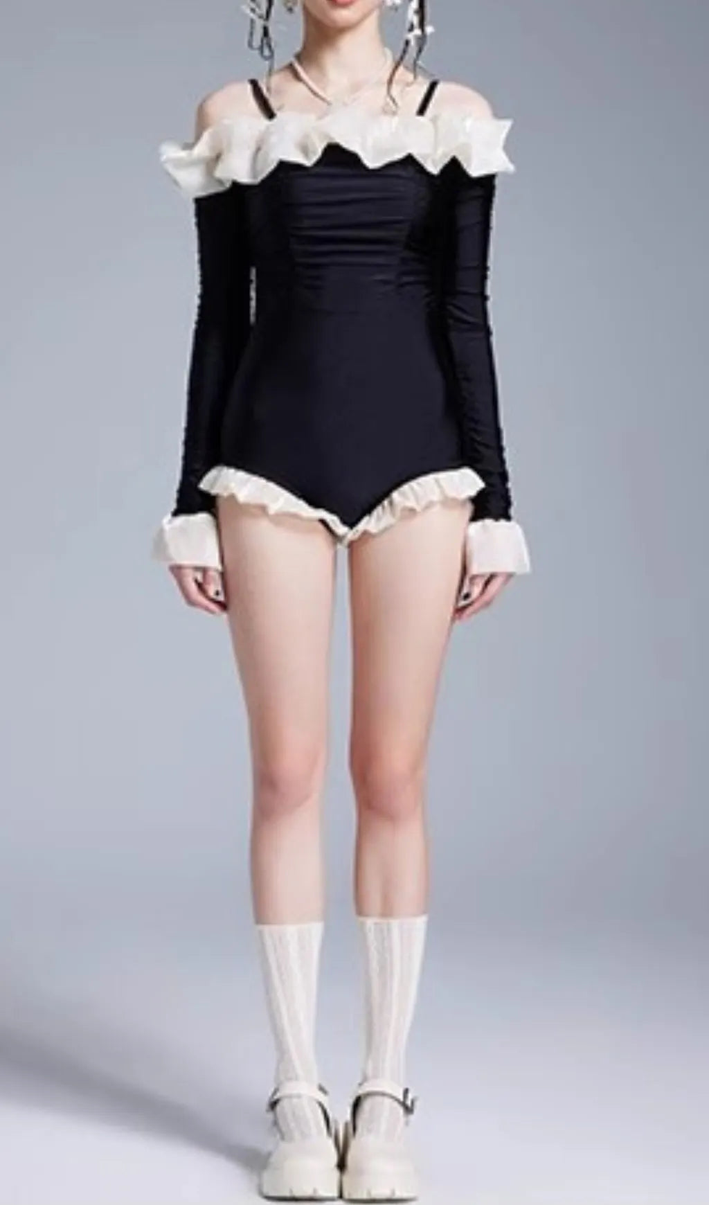 Donato Black Long Sleeve One-Piece Swimsuit Flowering Girl