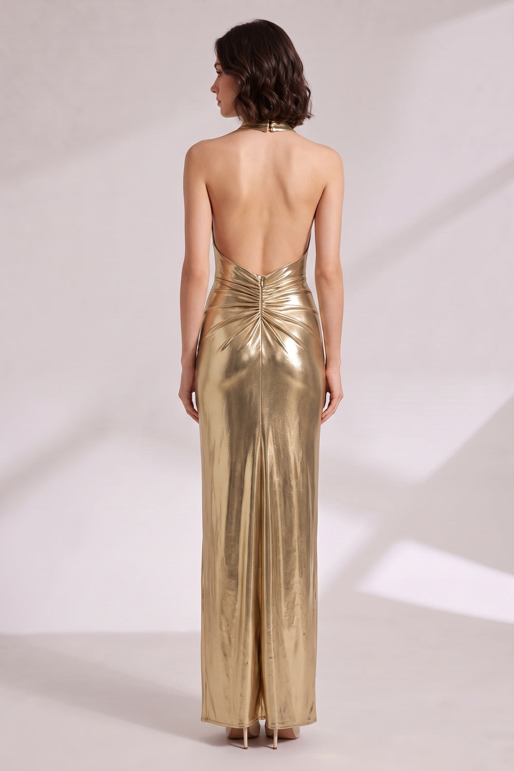 Gold Metallic Halter Neck Maxi Dress Flowering Girl