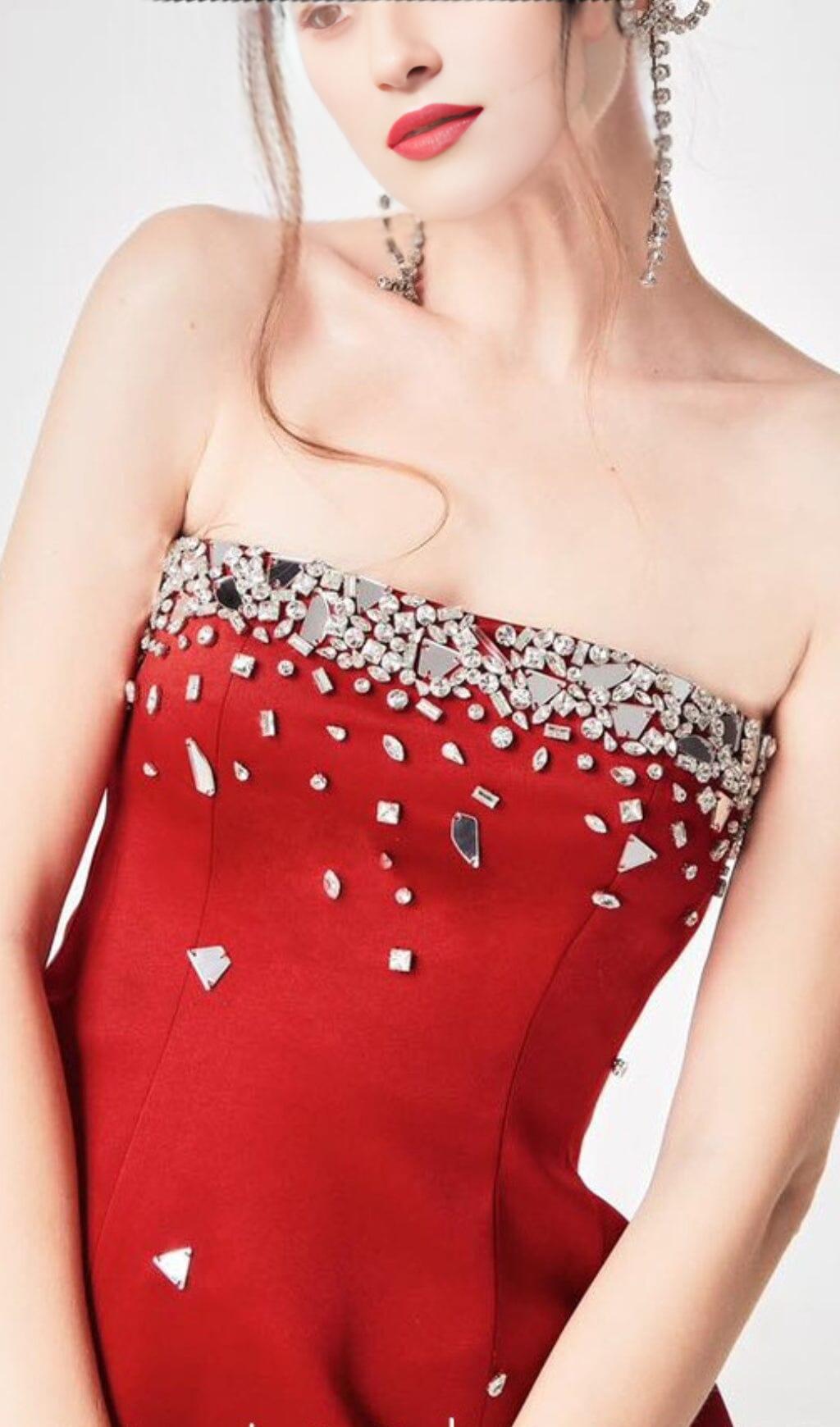Red Crystal-Embellished Strapless Mini Dress Flowering Girl