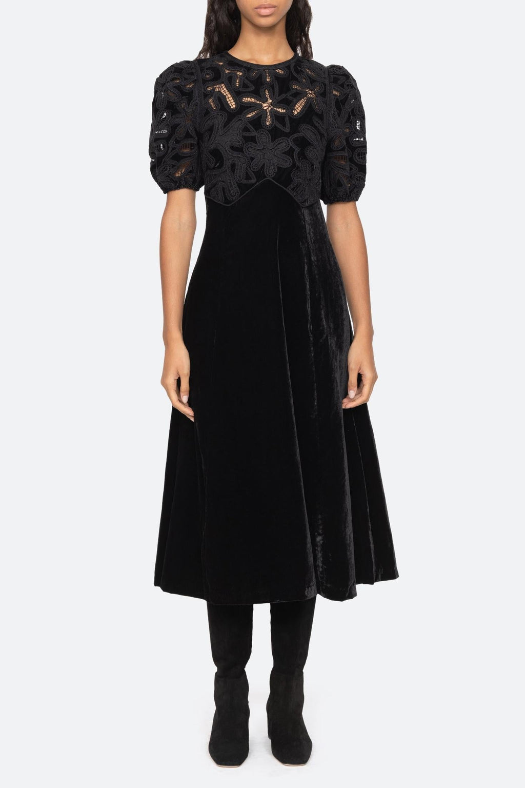 Velvet Puff Sleeve Embroidered Midi Dress In Black Flowering Girl
