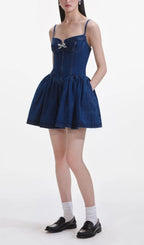 Denim Diamante Bow Sweetheart Mini Dress Flowering Girl