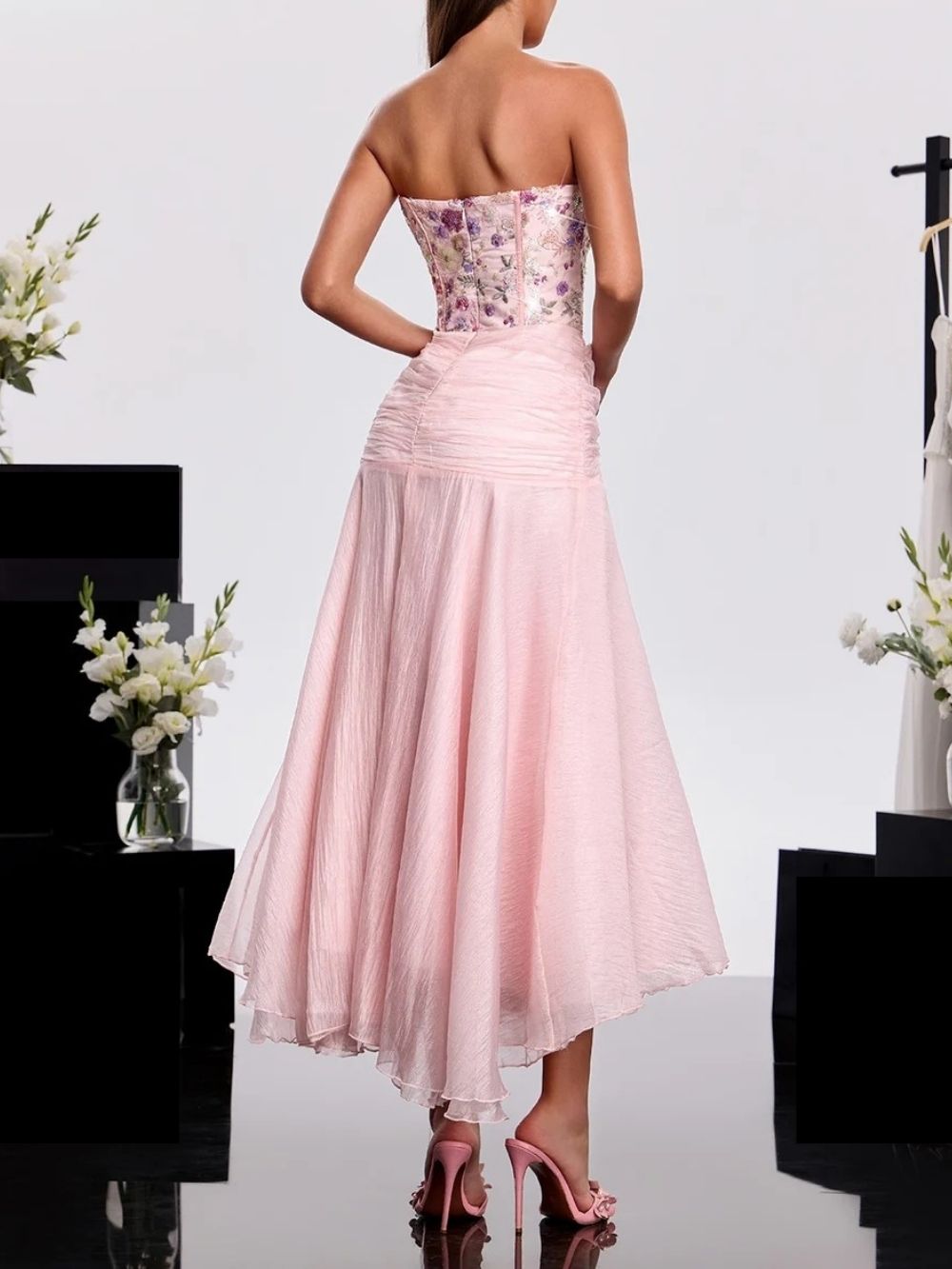 Haruna Strapless Embroidered Midi Dress Flowering Girl