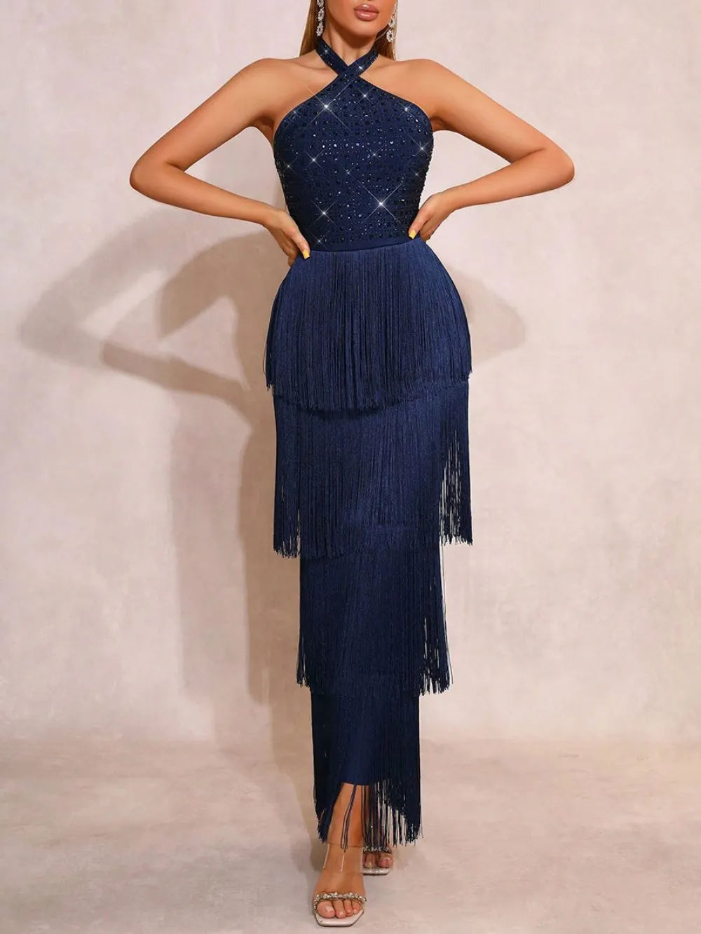 Merrit Blue Halter Diamante Tassel Maxi Dress Flowering Girl