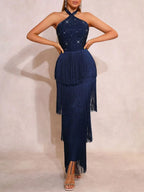 Merrit Blue Halter Diamante Tassel Maxi Dress Flowering Girl