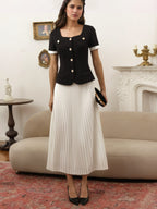 Black Square Neck White Cuff Gold Button Short Jacket & White Pleated Midi Skirt Two-Piece Set Flowering Girl