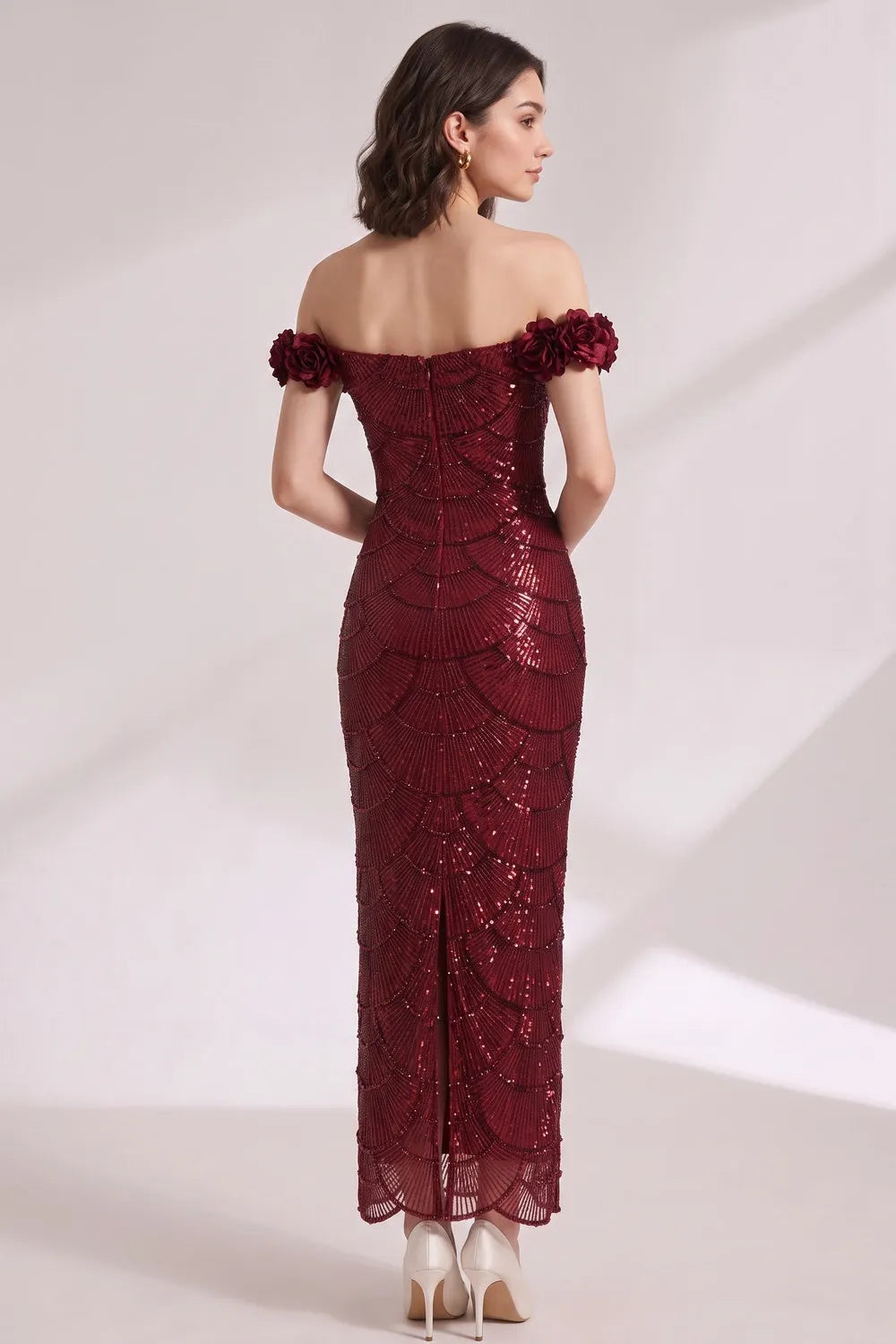 Burgundy Sequined Mesh Column Gown Flowering Girl