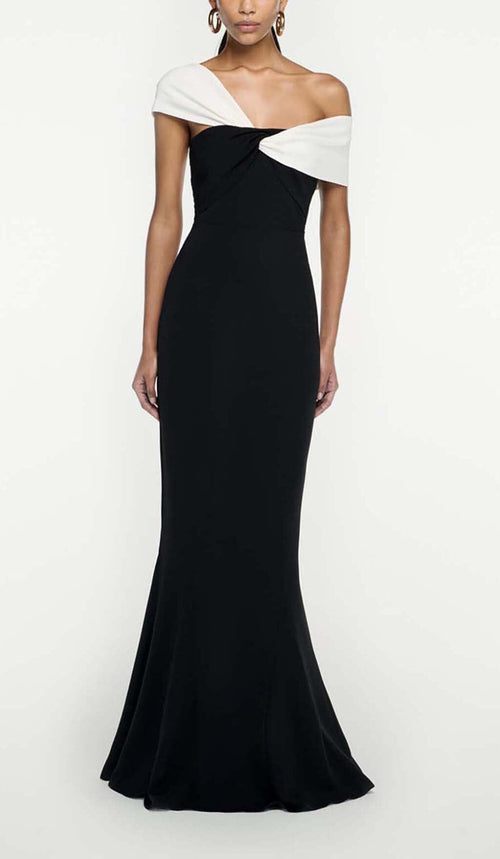 Asymmetric Off-The-Shoulder Maxi Dress In Black Flowering Girl