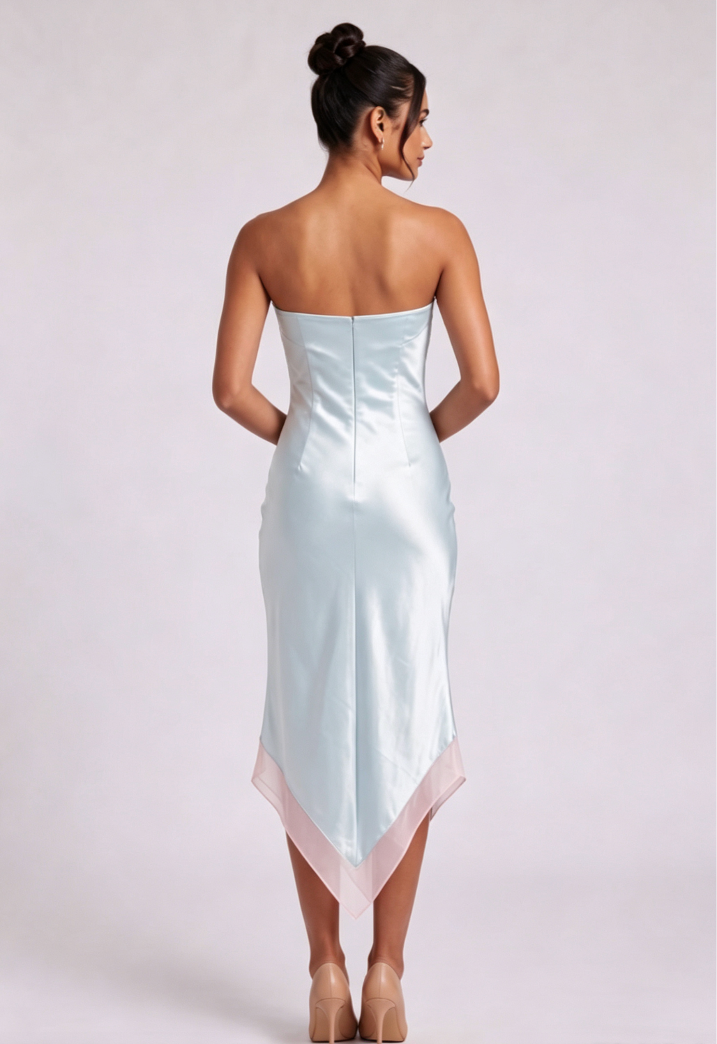 Pale Blue Satin Sheath Dress with Pink Lace Trim Flowering Girl