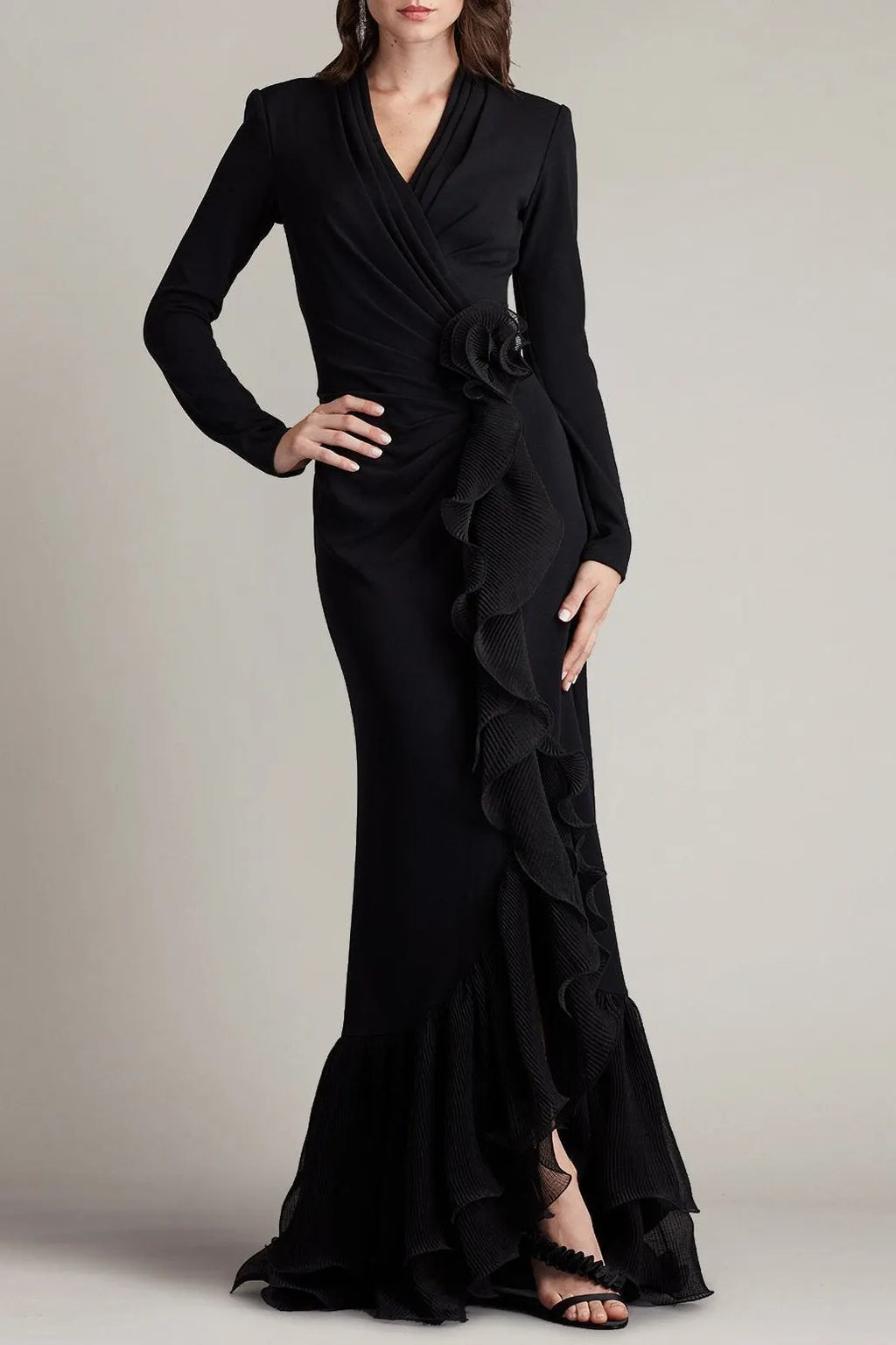 Joyce Black Ruffled Gathered High Slit Knit Midi Dress Flowering Girl