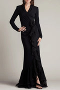 Joyce Black Ruffled Gathered High Slit Knit Midi Dress Flowering Girl