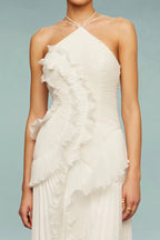 Alva Sleeveless Folds Slit Maxi Dress In Light White Flowering Girl