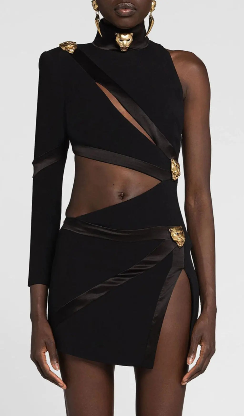 Panther Head Cut Out Asymmetric Mini Bandage Dress Flowering Girl