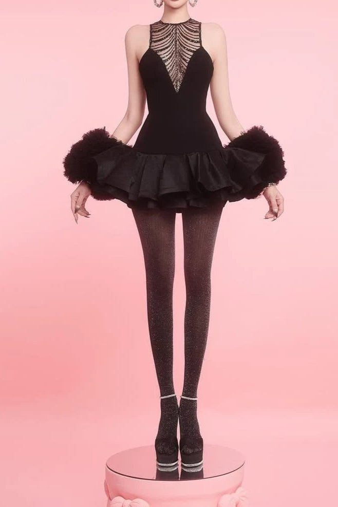 Jessica Sequin Tulle Ruched Hem Mini Dress In Black Flowering Girl