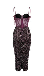 Sequin Corset Midi Dress In Wine Flowering Girl