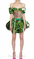 Crystal Metallic Skirt Set In Green Flowering Girl