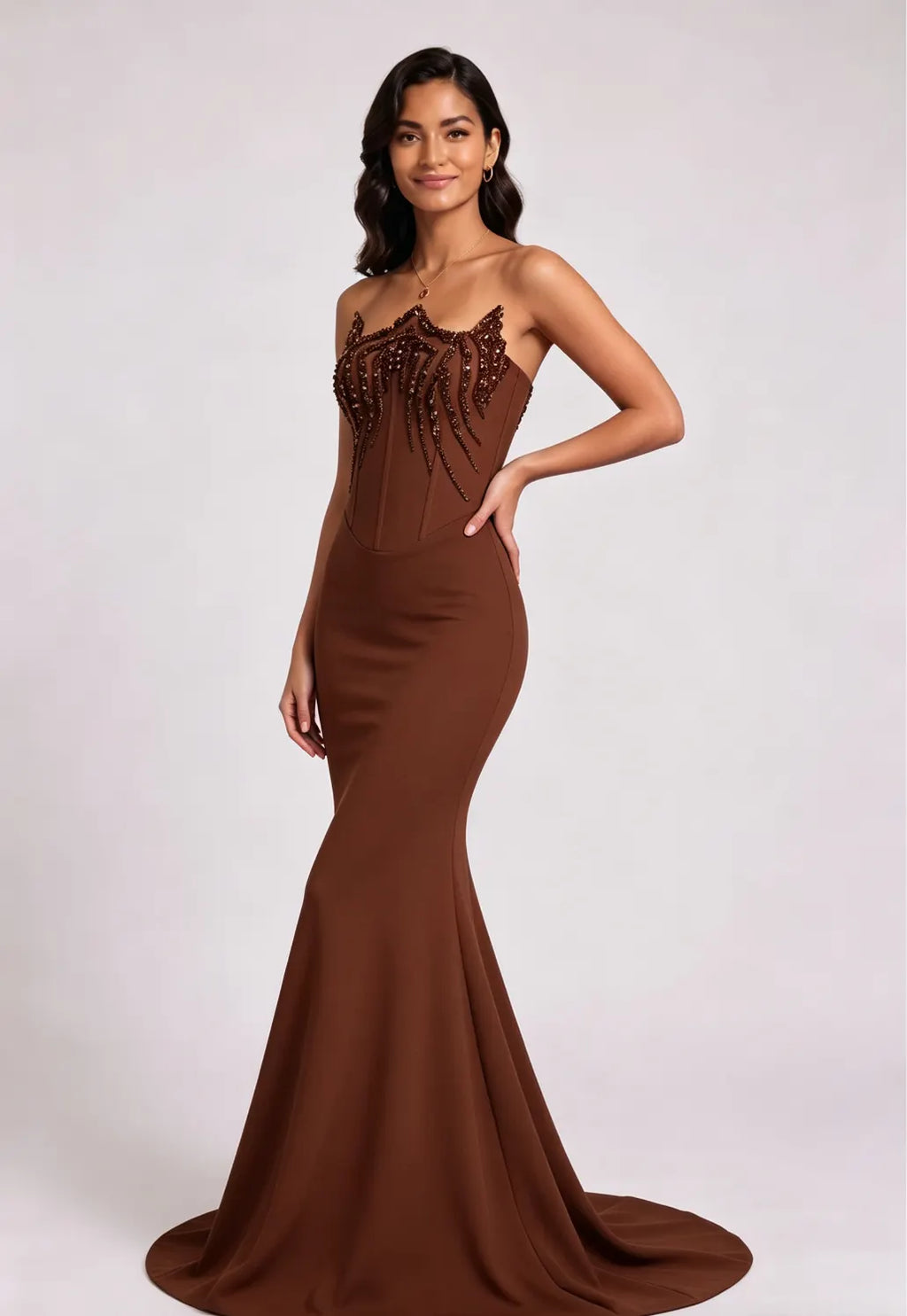 Brown Strapless Beaded Mermaid Evening Gown Flowering Girl
