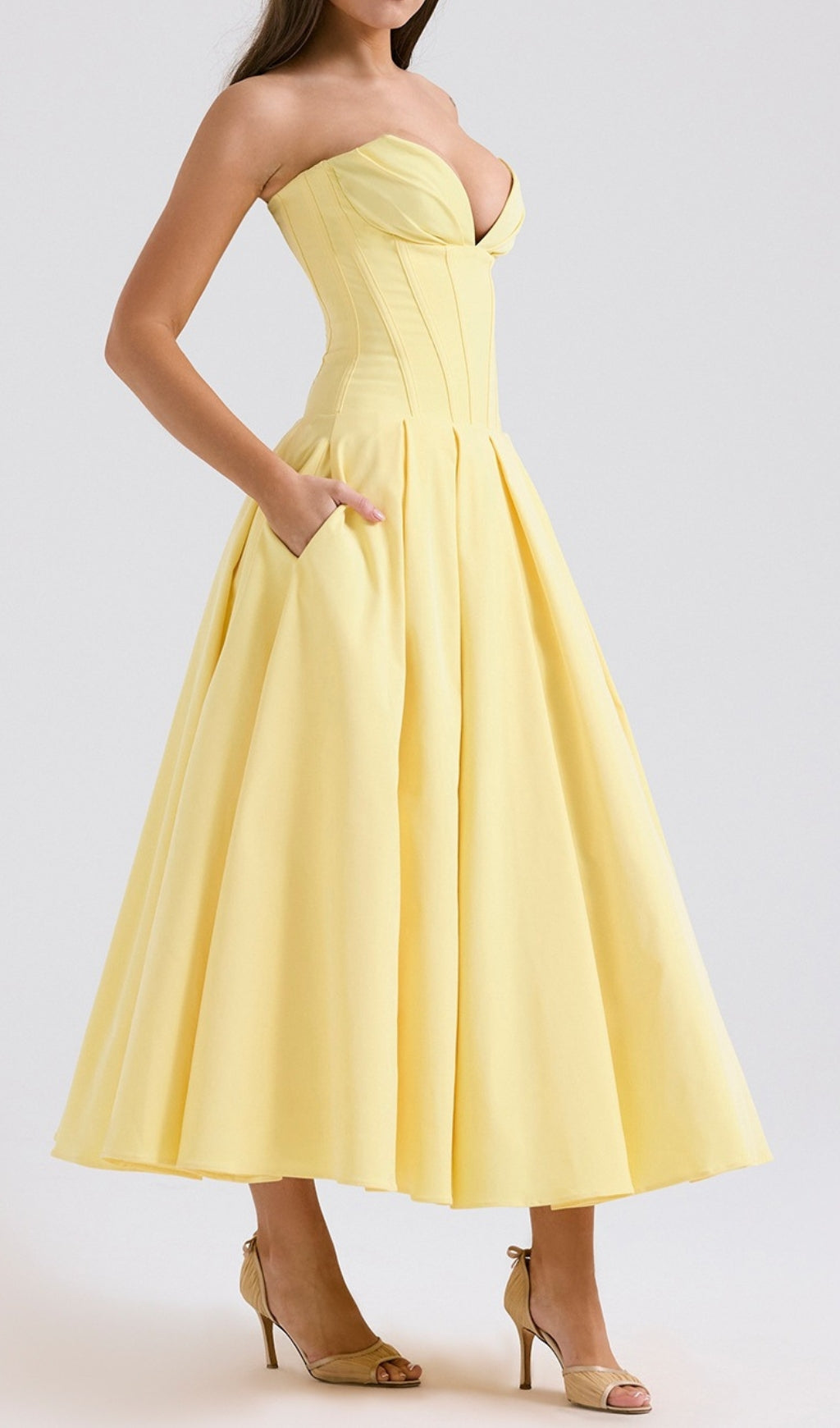 Devani Yellow Strapless Corset Midi Dress