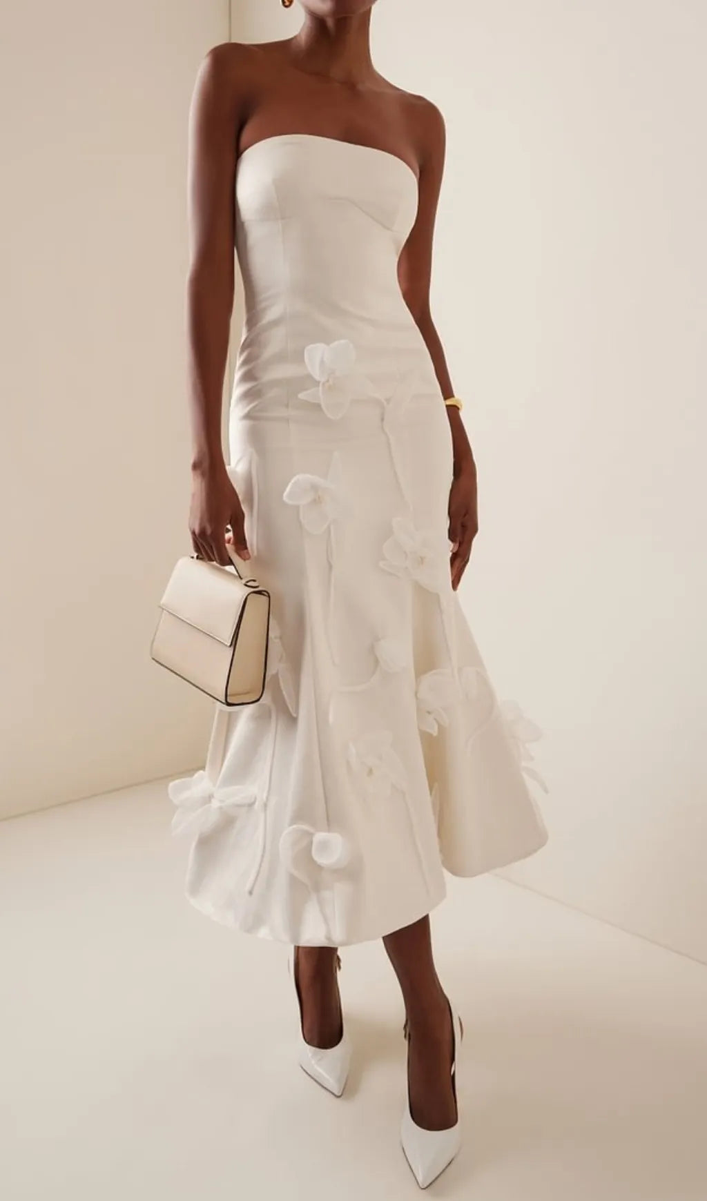 Echo White Strapless Flower Midi Dress Flowering Girl