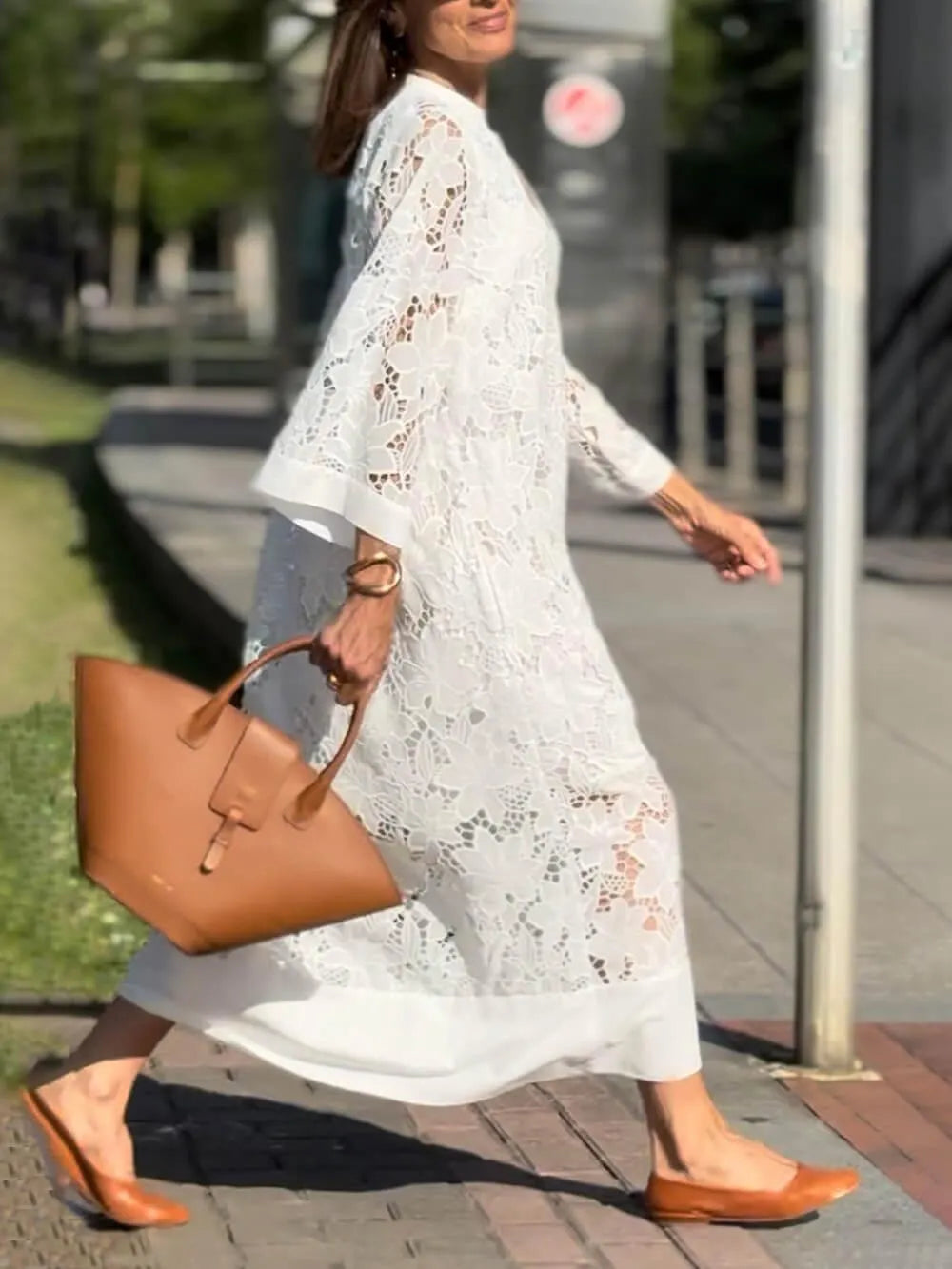 Flower Lace V-Neck Bell Sleeve Loose Midi Dress Flowering Girl
