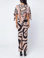 Hylora Cape Sleeve Split Printed Skirt Set Flowering Girl