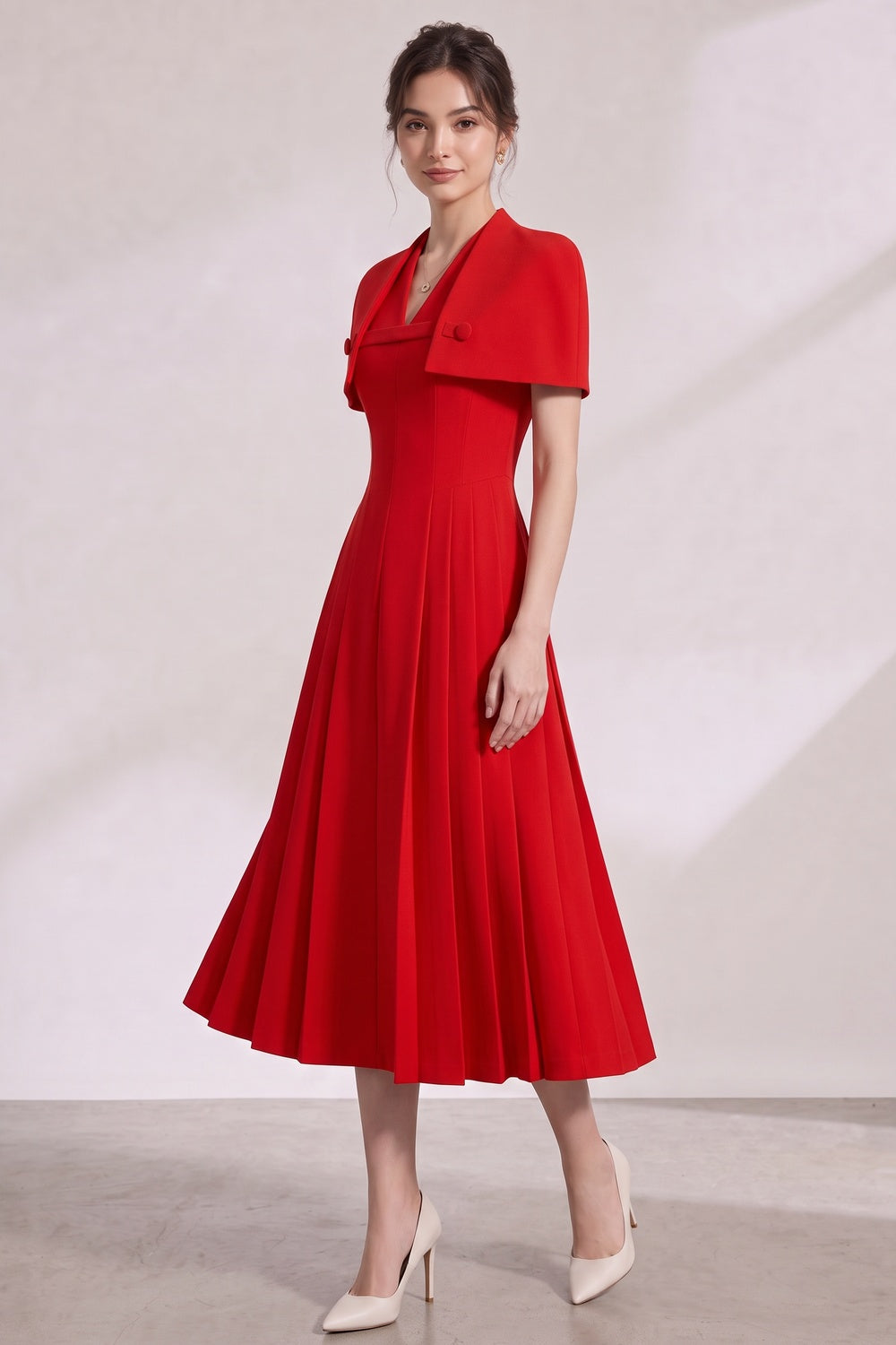 Red Structured Crepe Fit-and-Flare Midi Dress with Capelet Flowering Girl