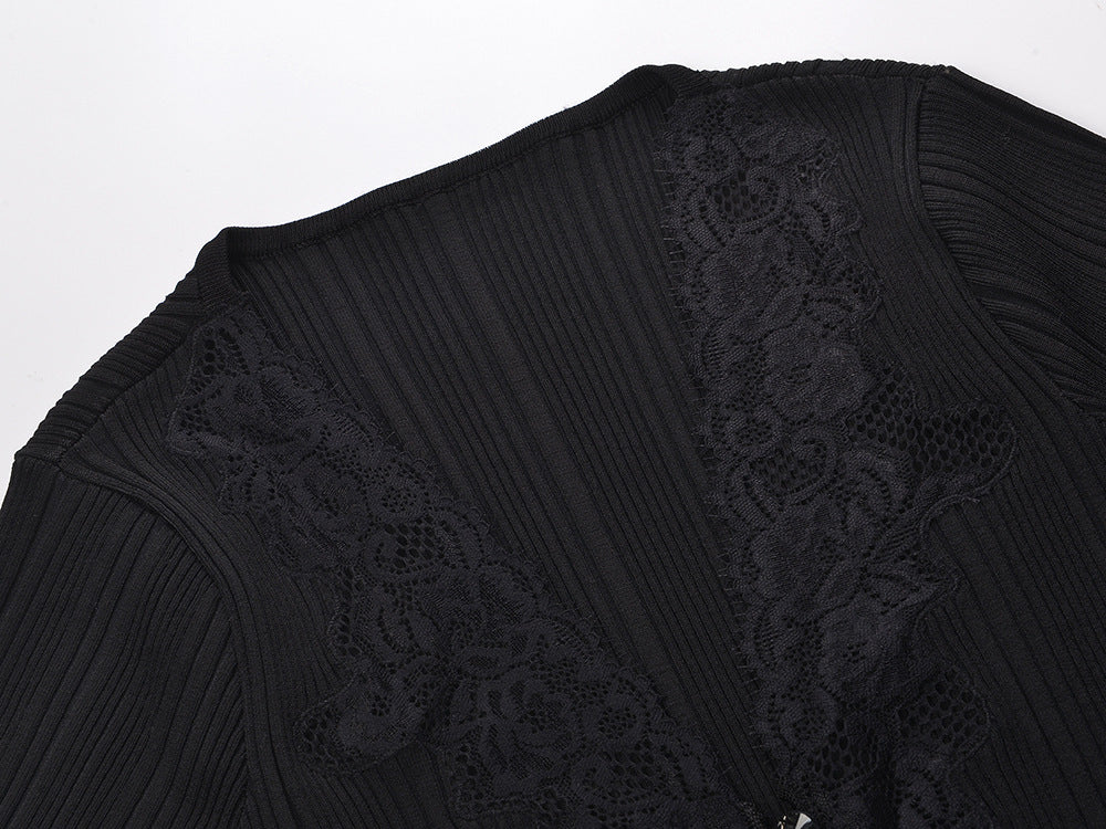 Hulda Black V-Neck Lace Knit Top Flowering Girl