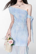 Rosalind One-Shoulder Pleated Slim Maxi Dress In Blue Flowering Girl