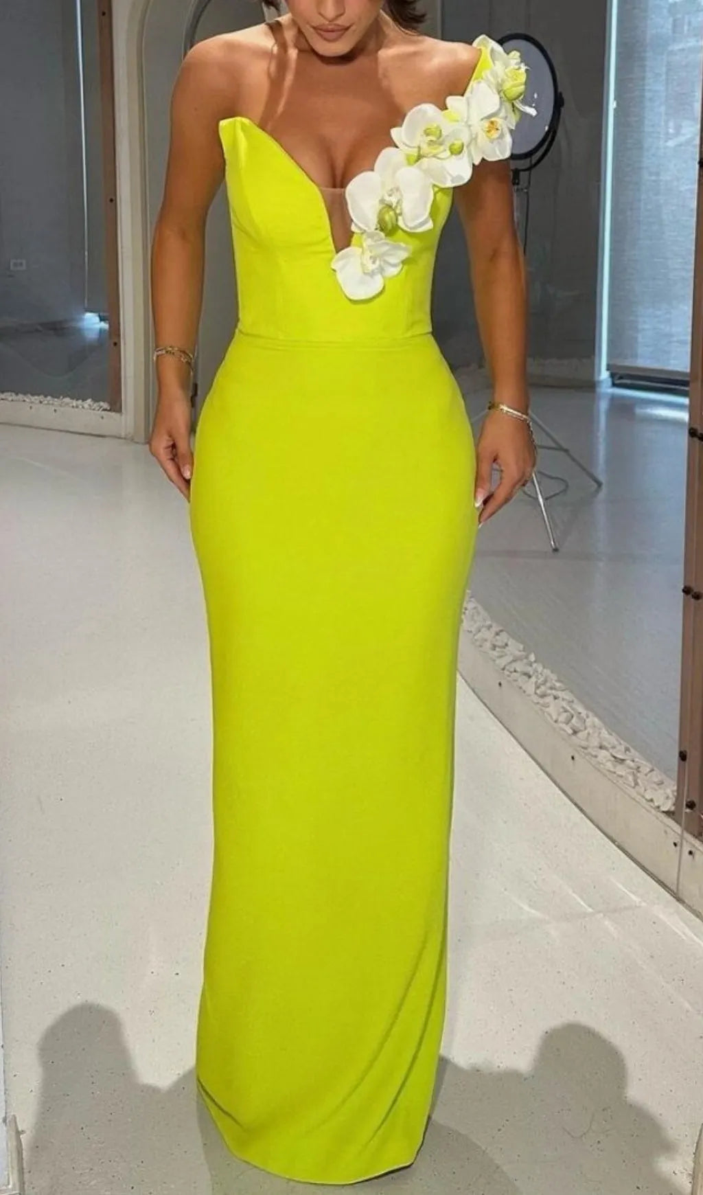 Baba Lime Flower One Shoulder Maxi Bandage Dress