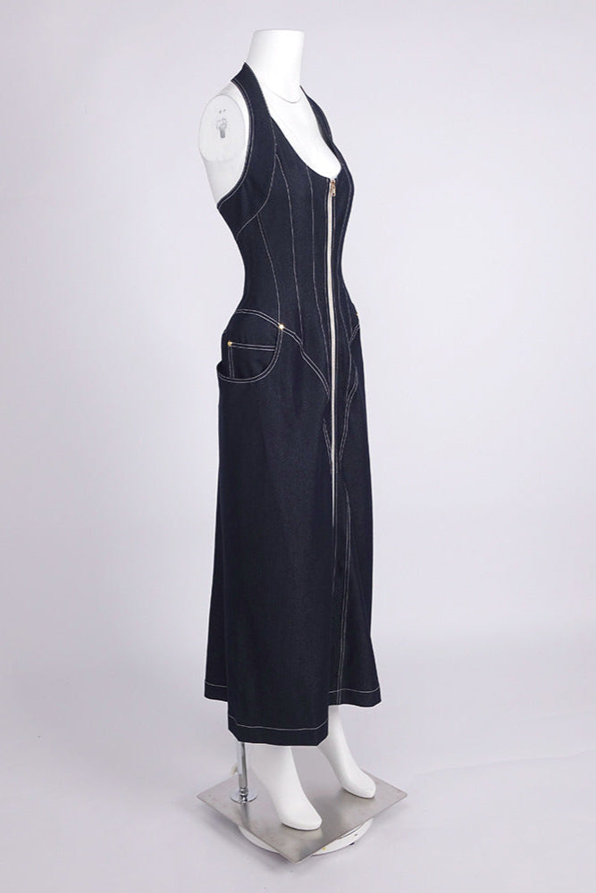 Haltered Corseted Midi Dress Denim In Navy Blue Flowering Girl