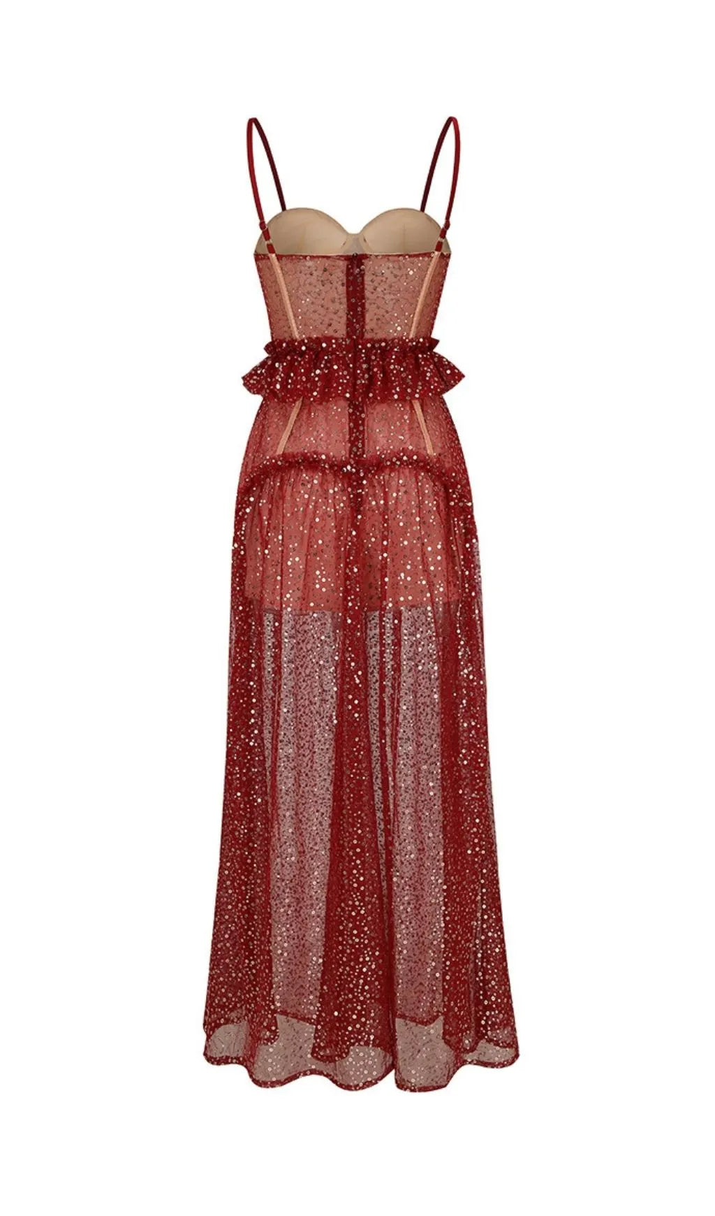 Korene Red Strappy Sequin Mesh Maxi Dress Flowering Girl