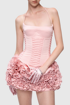Cindia Floral Lace Up Corset Two Piece Set in Pink Flowering Girl
