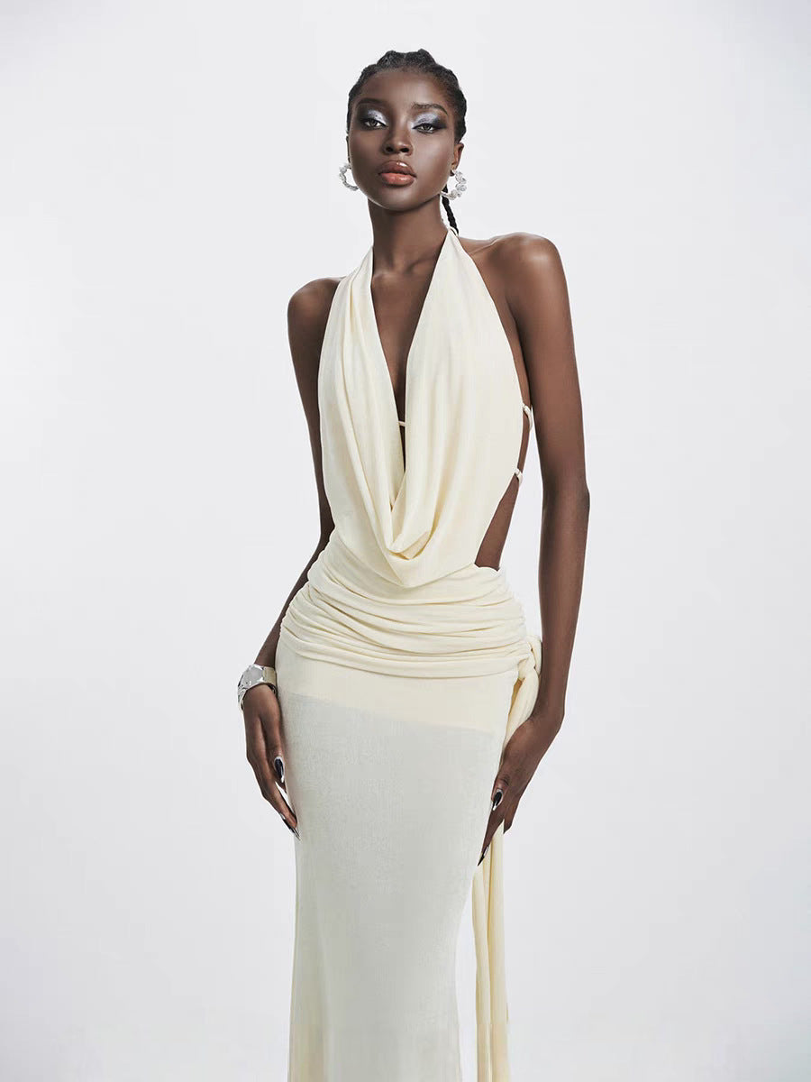 Carol Ruched Halter Bodycon Maxi Dress In White Flowering Girl