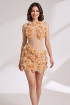 Beige Sheer Mesh Bodycon Mini Dress with 3D Floral Petals Flowering Girl