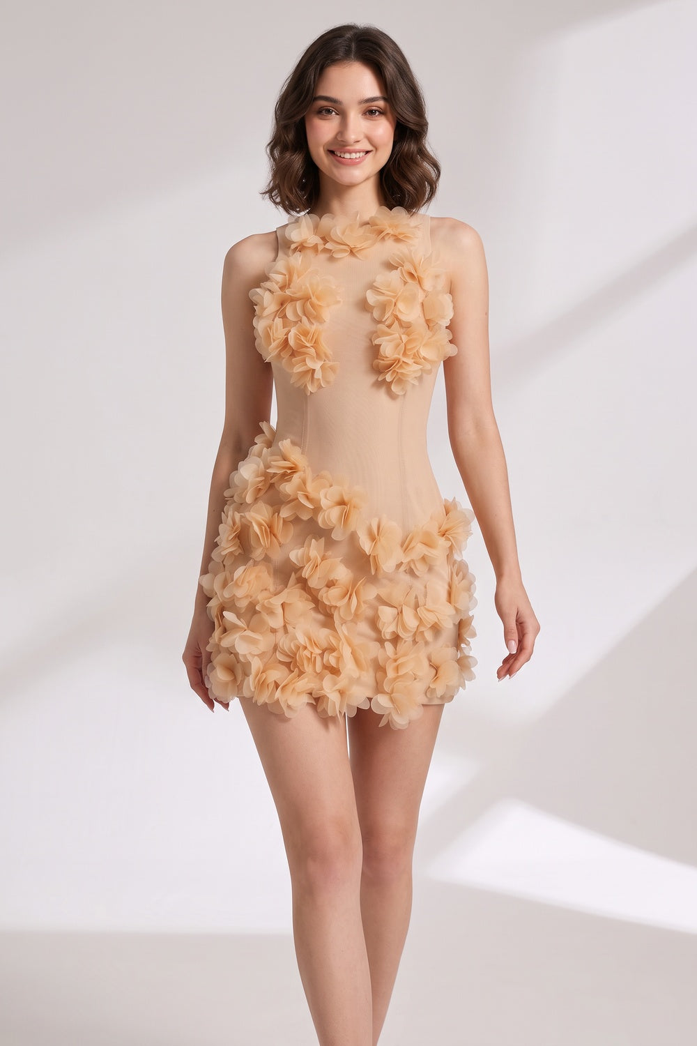 Beige Sheer Mesh Bodycon Mini Dress with 3D Floral Petals Flowering Girl